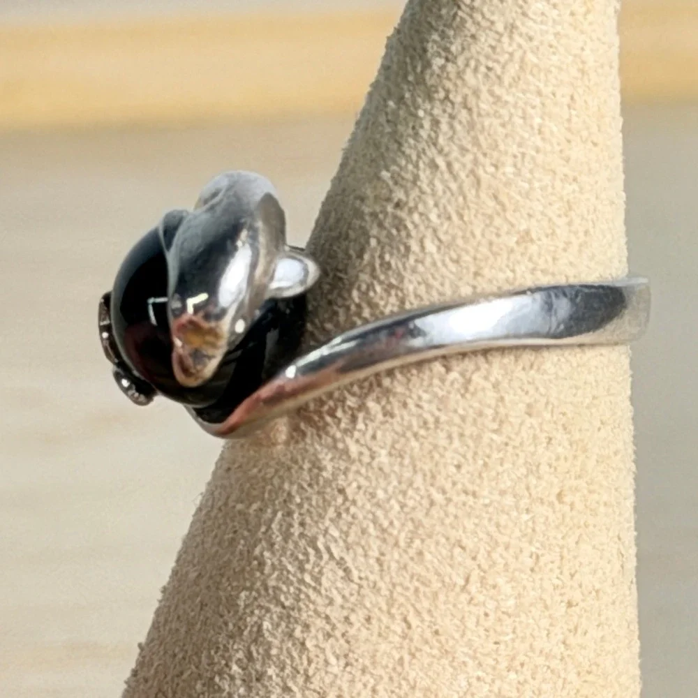 Sterling Silver Dolphin Ring Onyx Black Orb Bypass Minimalist 925 Statement
